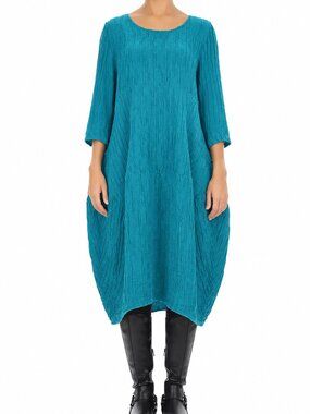 Grizas Silk Linen Balloon Crinkled Turquoise Dress Size XL